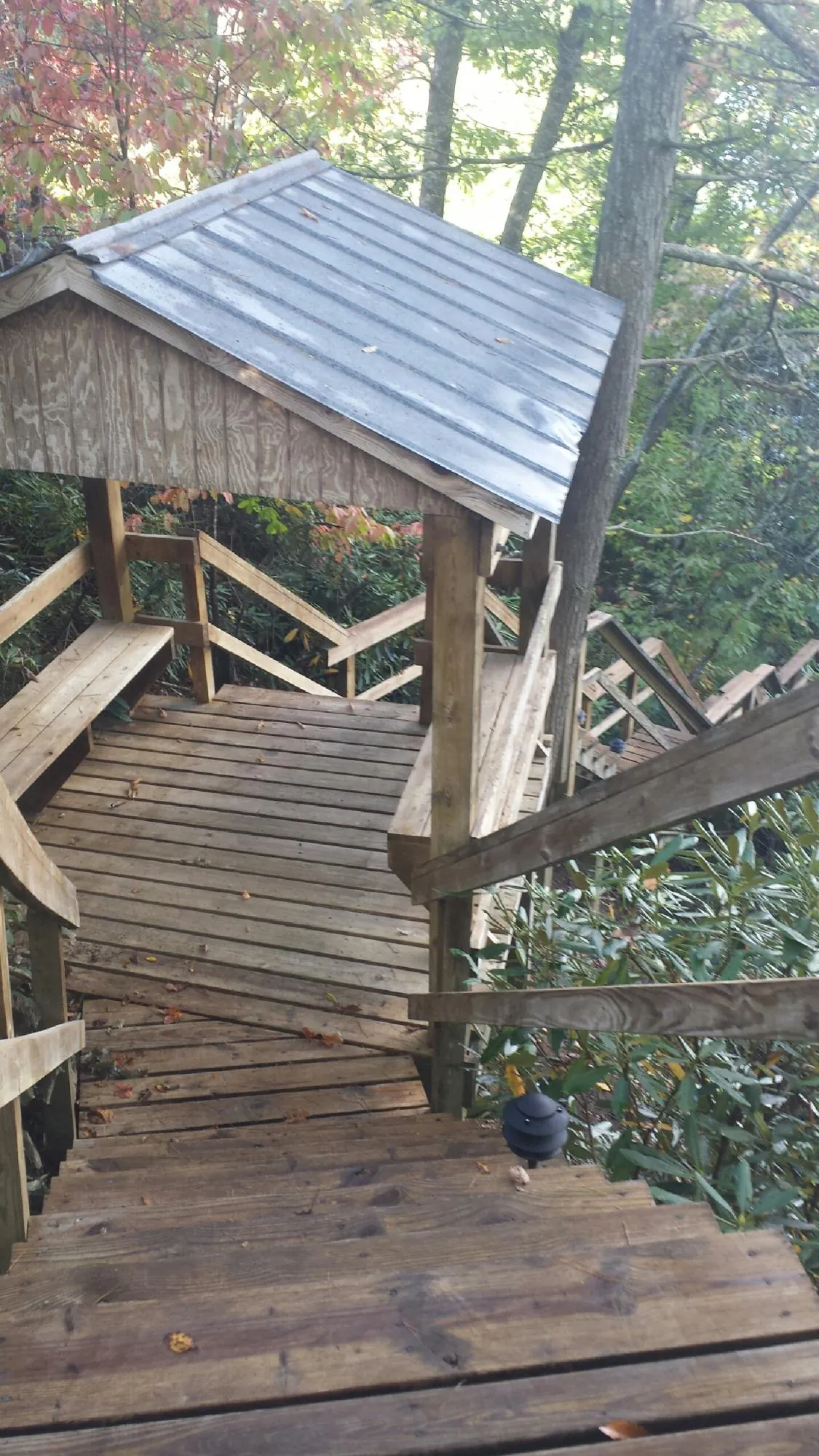 Metal roofed shelter over wooden steps on a wooded walkway — Skylight Repair & Installation work by our crew in Payne
